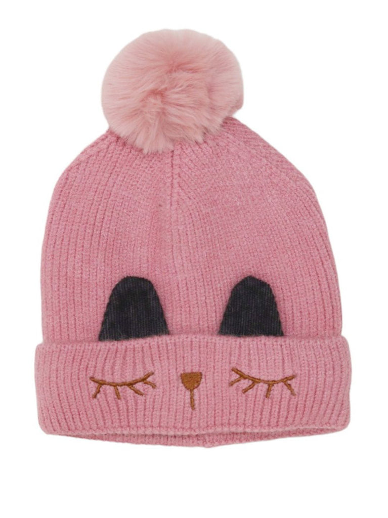 Rear view of a pink girls' winter beanie with a fluffy pom-pom on top.