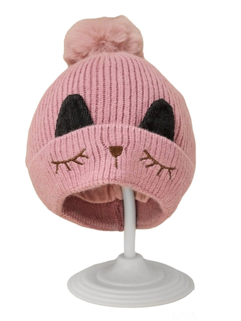 Pink kitten-themed beanie with a pom-pom, perfect for girls 6-18 months.