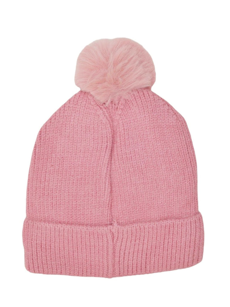 Side view of a pink beanie for girls featuring a kitten design and pom-pom.