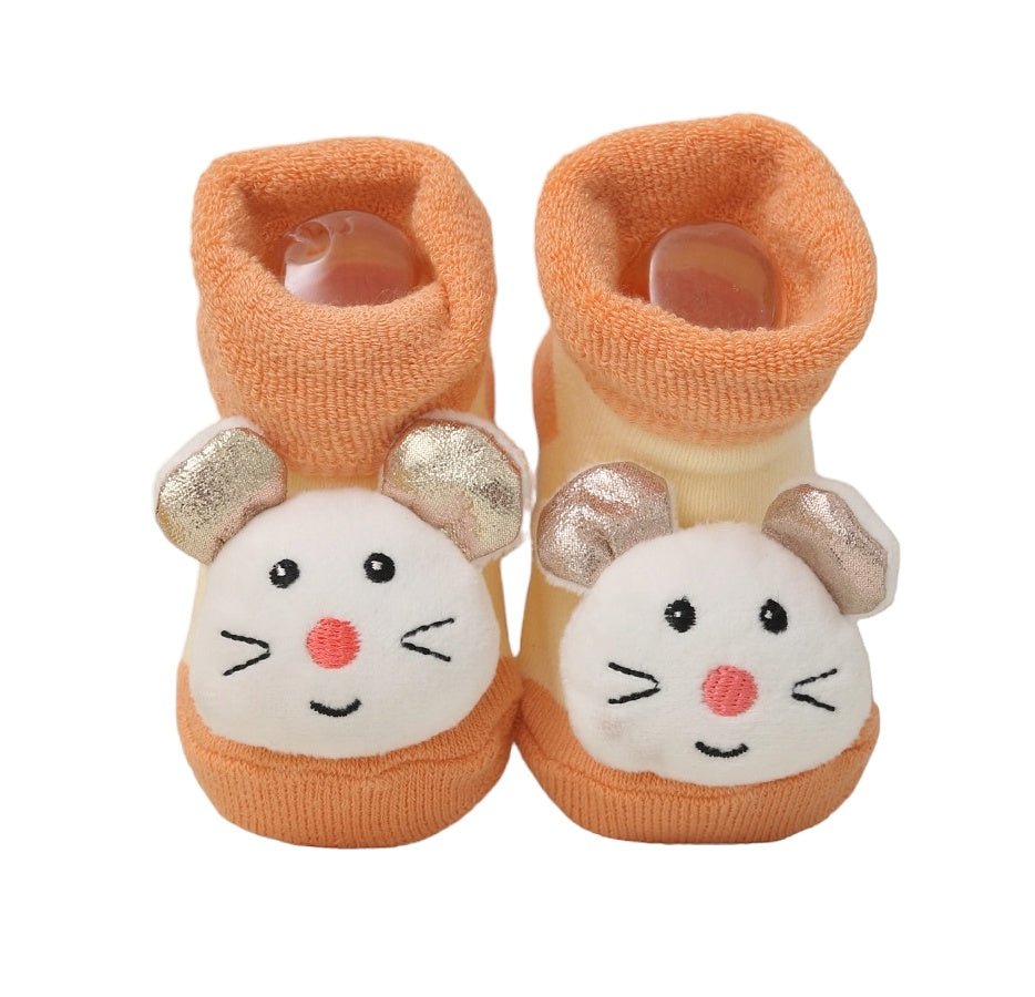 mage of Yellow Bee's orange mouse stuffed toy socks for babies, front view showing the cute face details.
