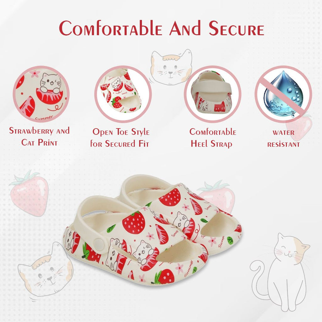 Infographic showing the white sandals' features such as the strawberry and cat print and secure heel strap