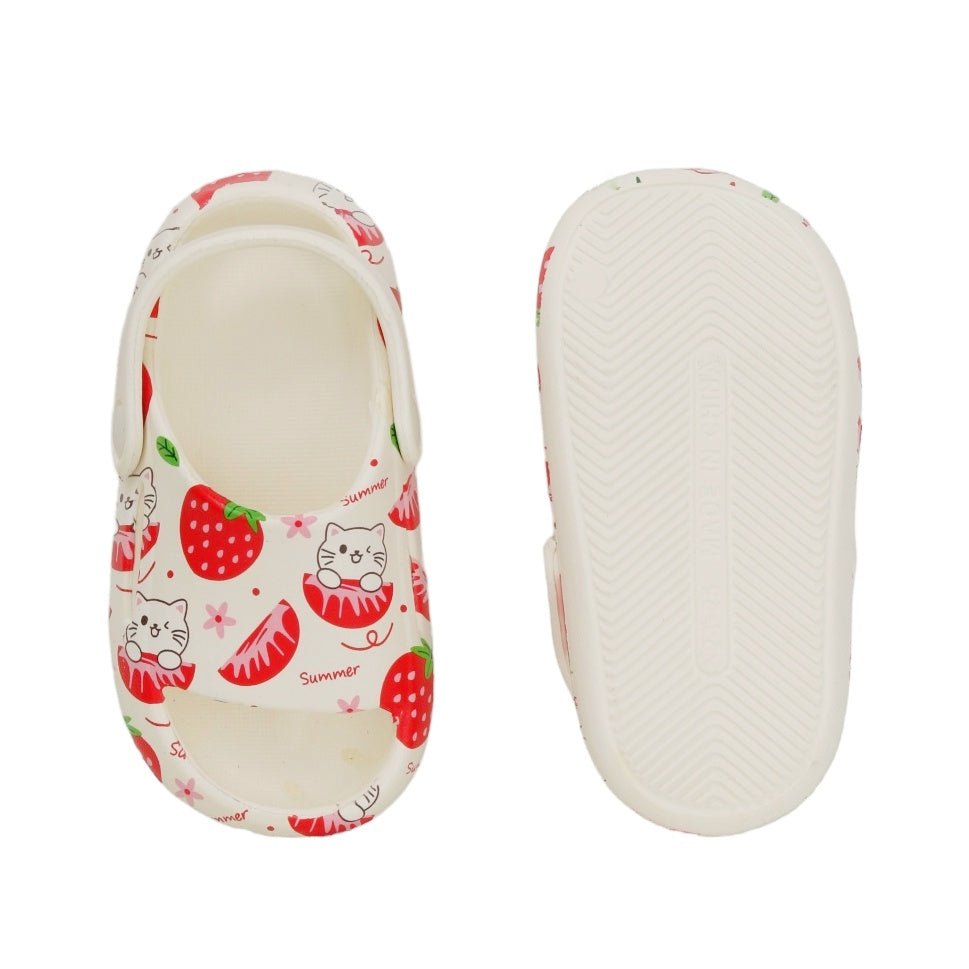 White sandals with a strawberry and cat print, view from above and sole detail