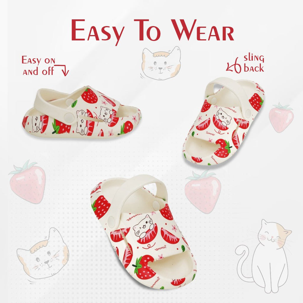Easy-to-wear white sandals with a strawberry and cat print, showcasing the slingback design.