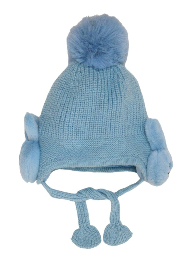 Rear view of a cozy blue bunny ear hat with a pom pom for winter warmth.