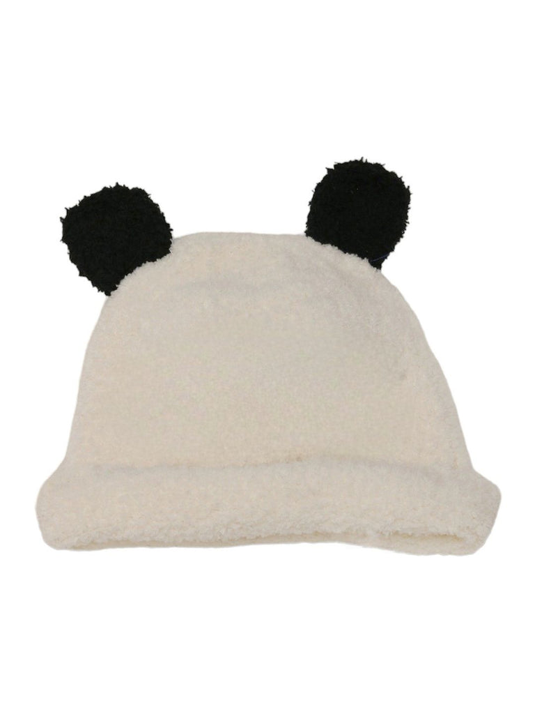 Back view of a fluffy panda woolen beanie for children, emphasizing the black ear accents.
