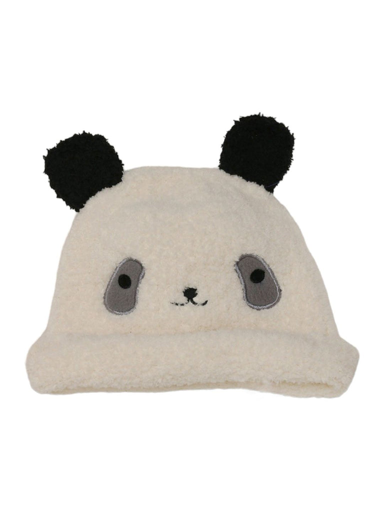 Front view of a white and black knitted panda beanie, highlighting the facial features and soft texture.