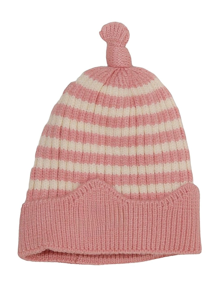 The back perspective of a baby girl's striped beanie, emphasizing the snug fit and delicate color palette.