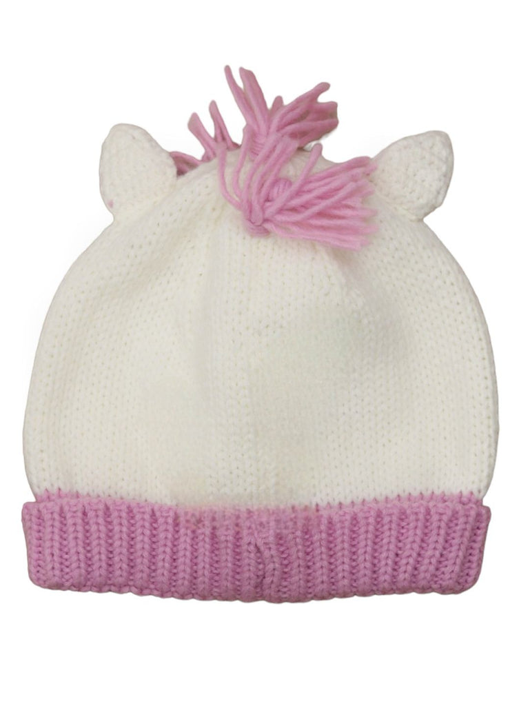 Back View of White and Pink Unicorn Hat with Knitted Texture for Girls