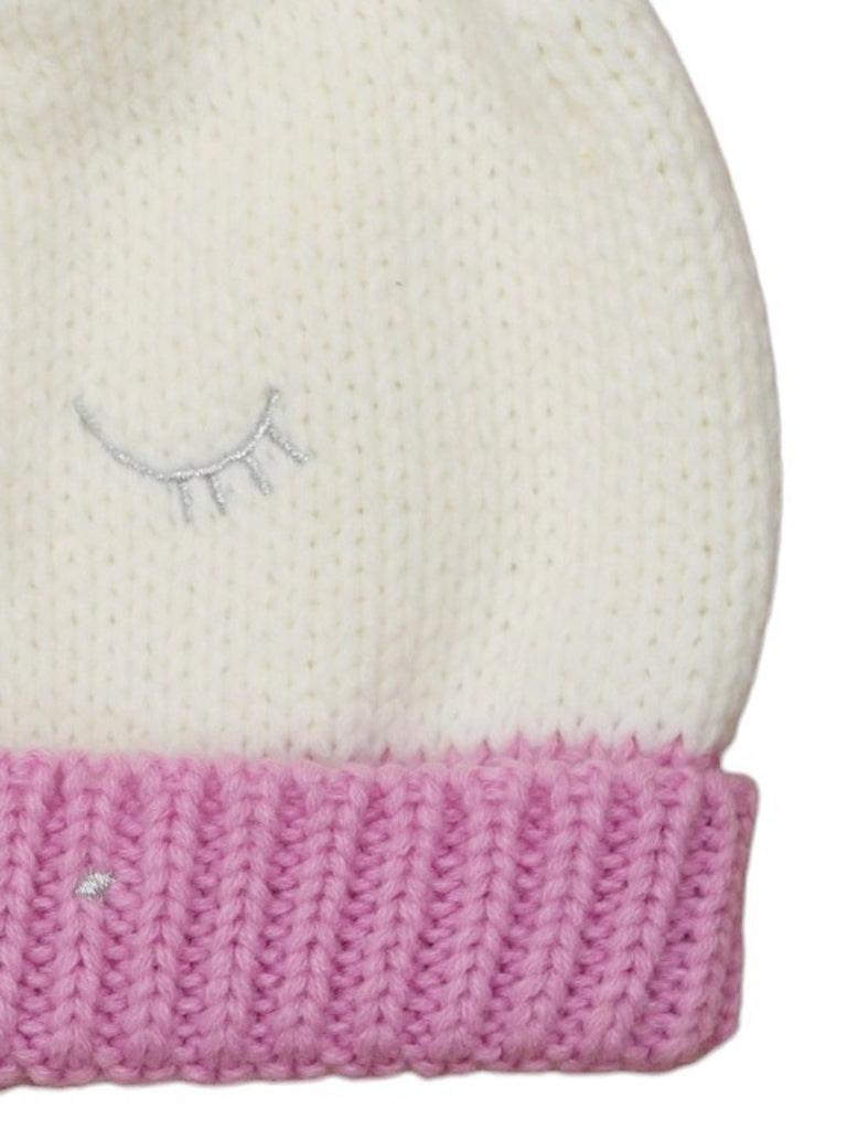 Side View of Girls' Knitted Unicorn Winter Hat with Pink Ear Warmers
