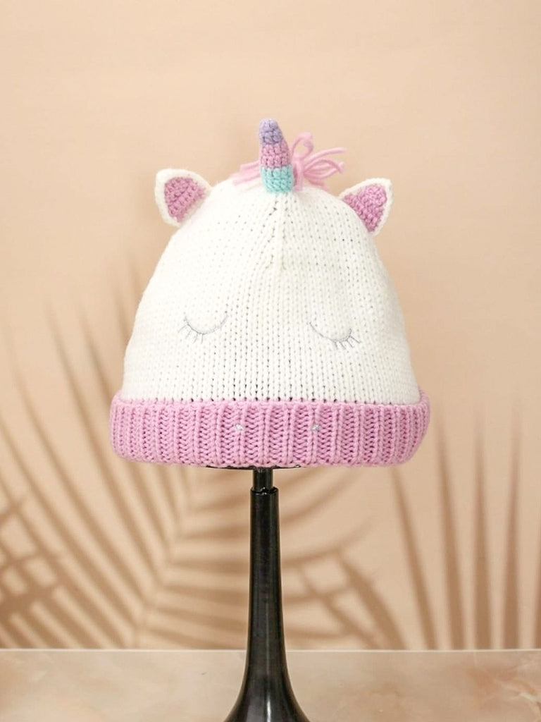 Front View of Knitted Unicorn Hat for Girls with Sparkling Horn and Ears