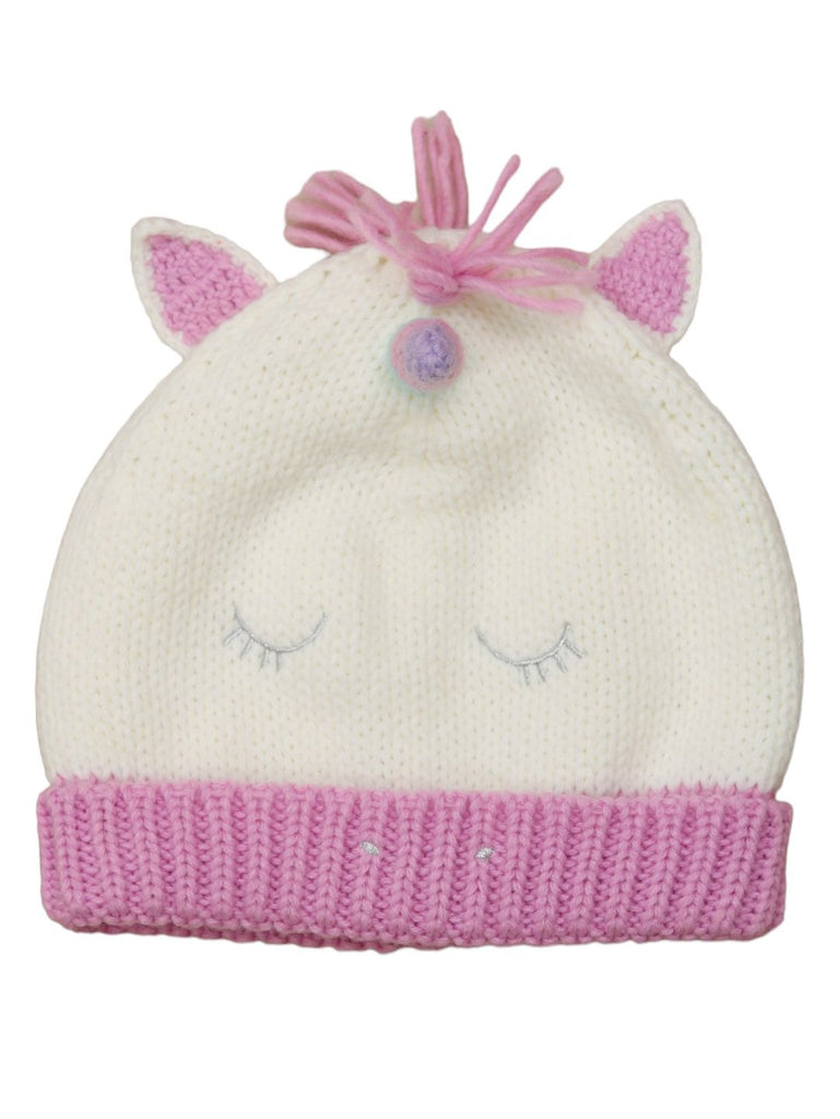 Front View of Knitted Unicorn Hat for Girls with Sparkling Horn and Ears- view