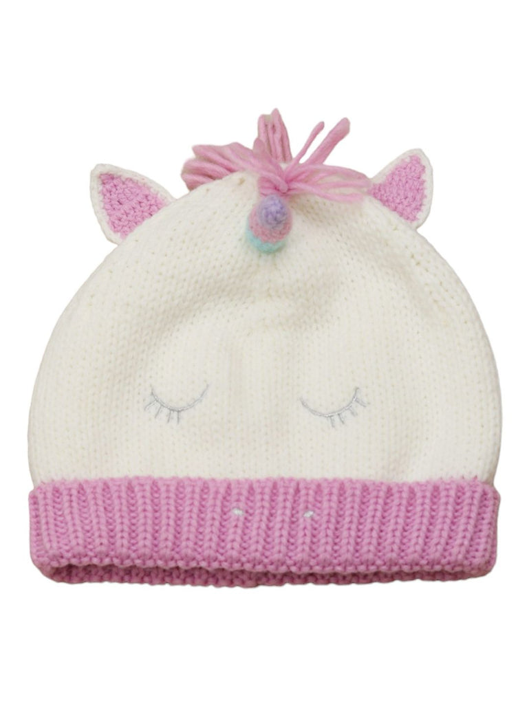 Top View of Girls' Winter Unicorn Hat with Detailed Stitching and Fluffy Pom-Pom