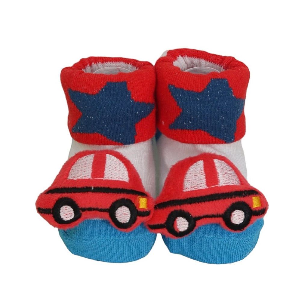 Red socks with a cartoon car plush toy on the top for babies.