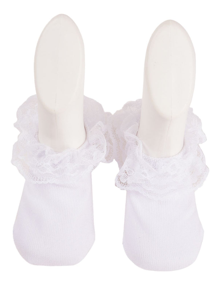 Front and side views of Yellow Bee white lace frill socks on mannequin feet against a white backdrop.