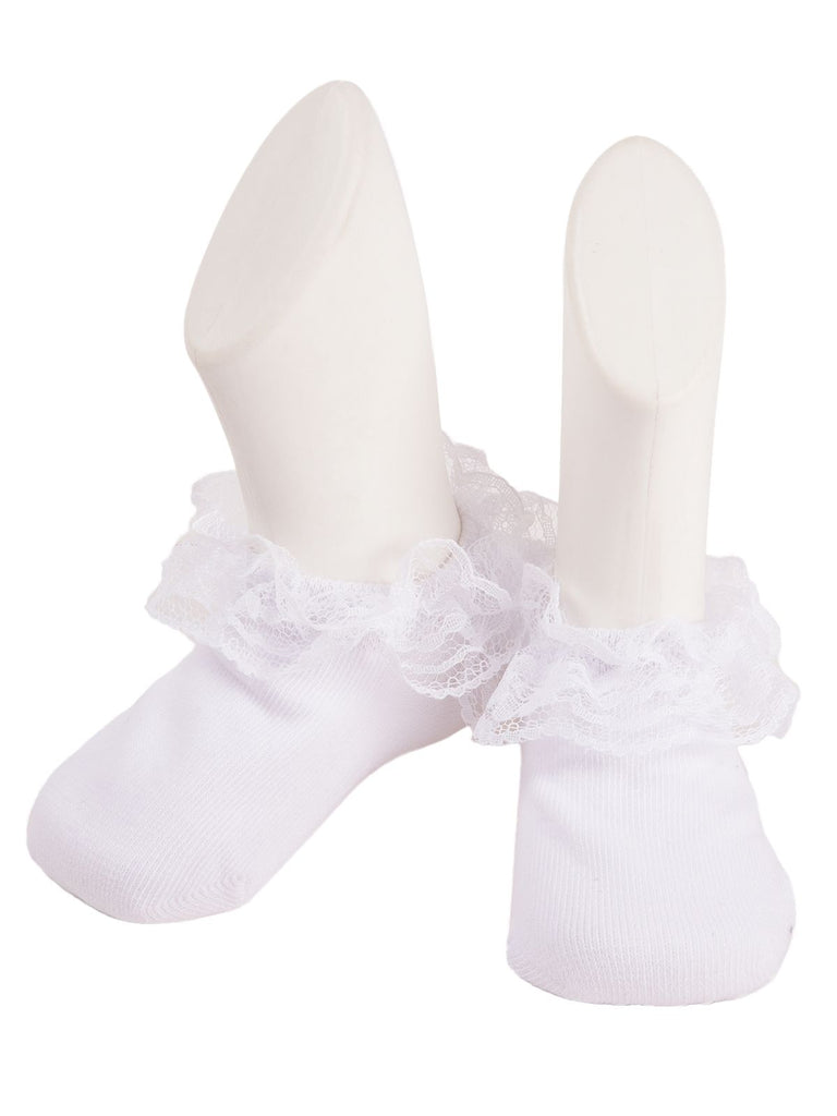 Side view of white lace frill socks with ruffle detail on a display foot.