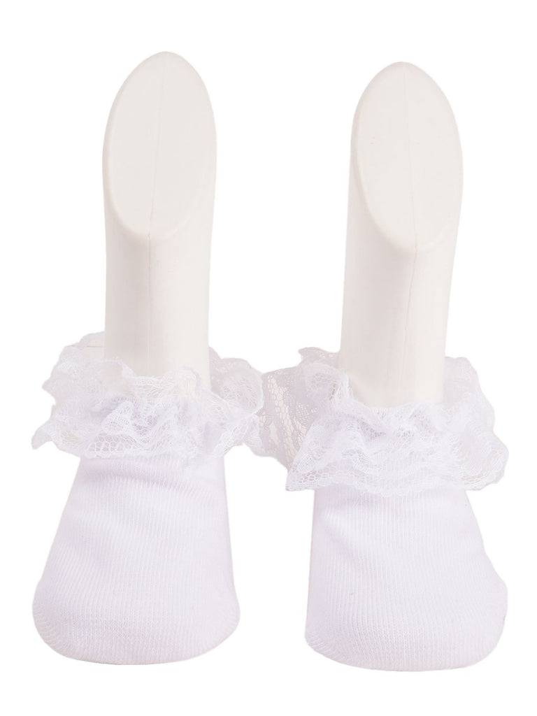 Pair of white lace frill socks with elegant lace detail displayed on mannequin feet.