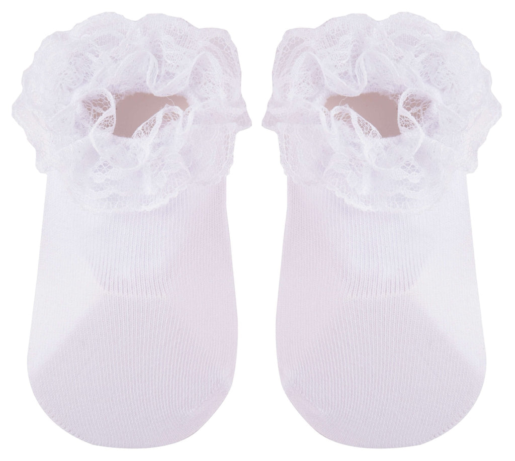 White lace frill socks with delicate lace trim on a white background.