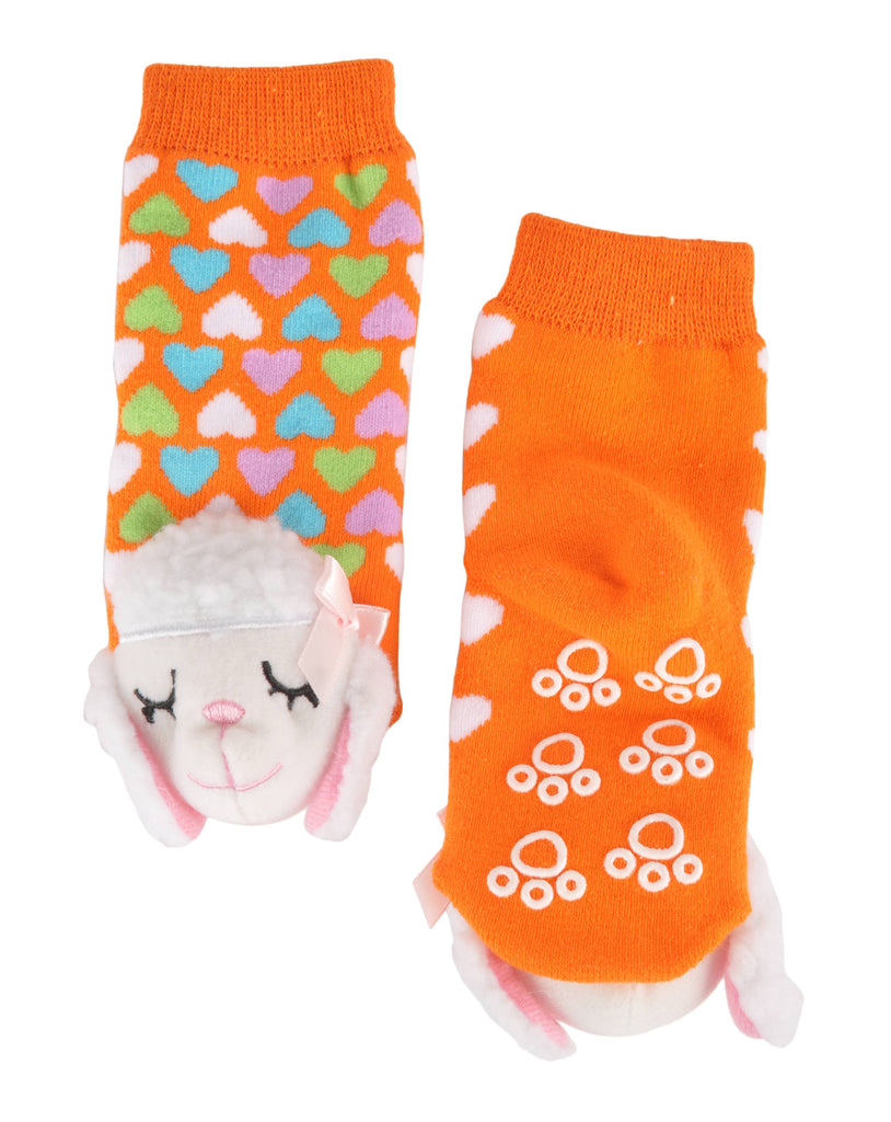 Orange heart-patterned socks for toddlers featuring a lamb stuffed toy - top and sole view.