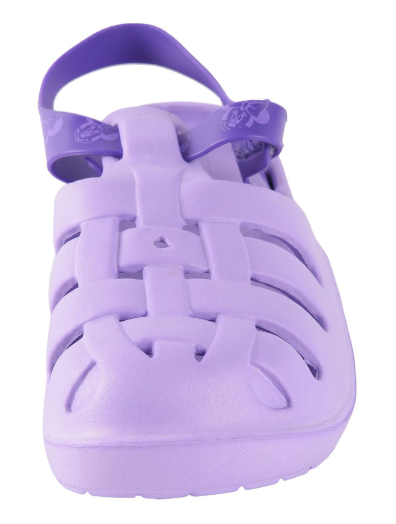 Close-up view of Yellow Bee's Lavender Dream Clogs for Girls highlighting the hook and loop closure.