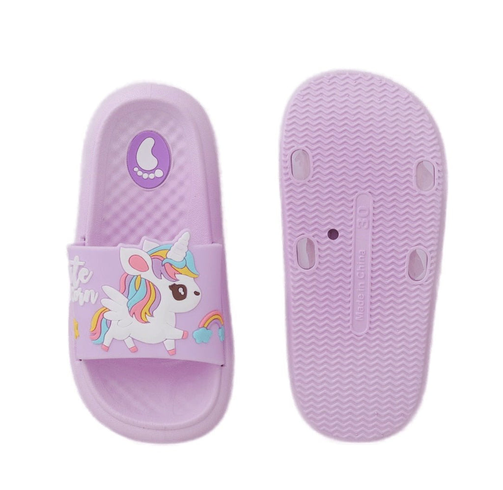 Bottom view of a pair of kid's unicorn slides highlighting the textured sole for grip
