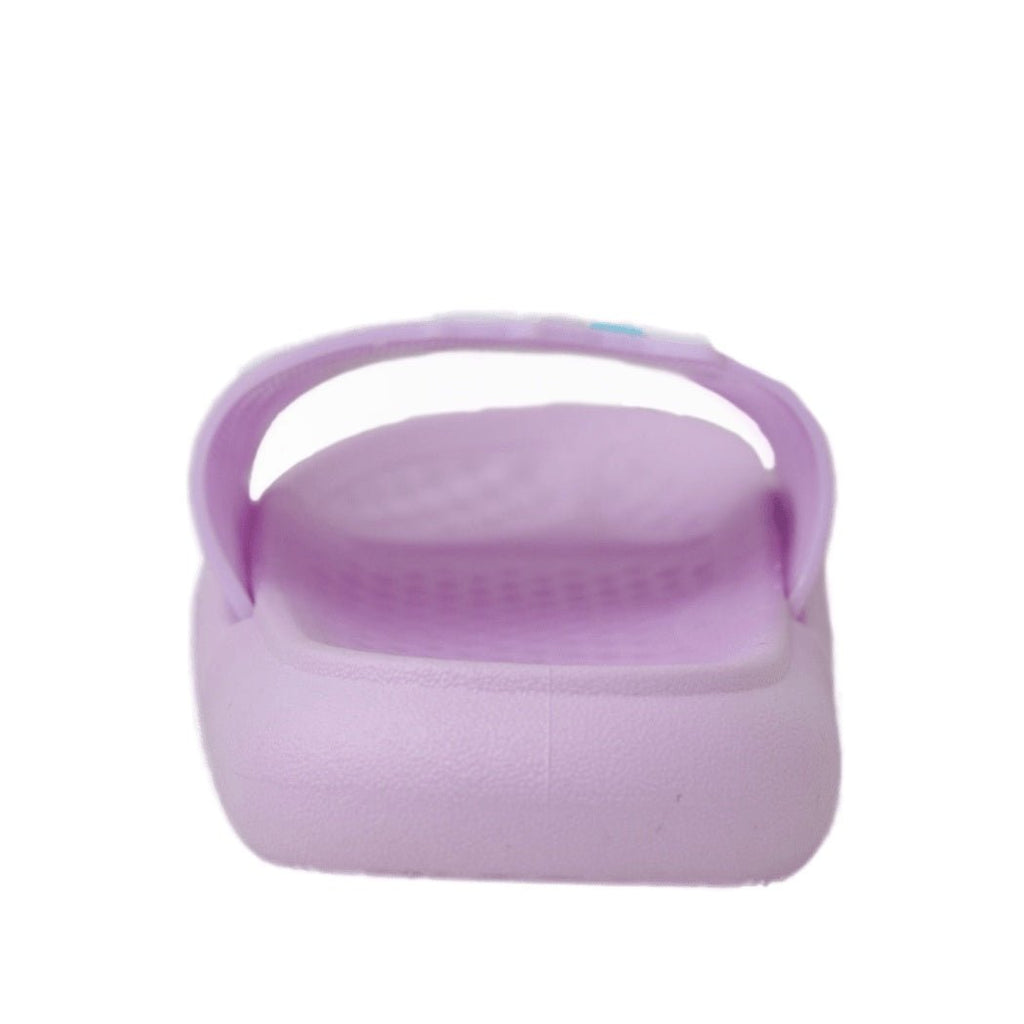 Rear view of a child's purple slide with a unicorn design, emphasizing the heel strap for secure wear