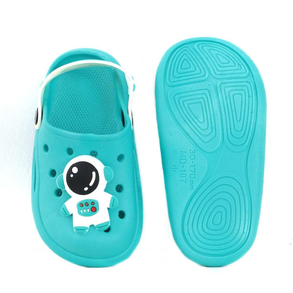 Top and sole view of aqua-colored children's clogs with space-themed design, offering a secure grip.
