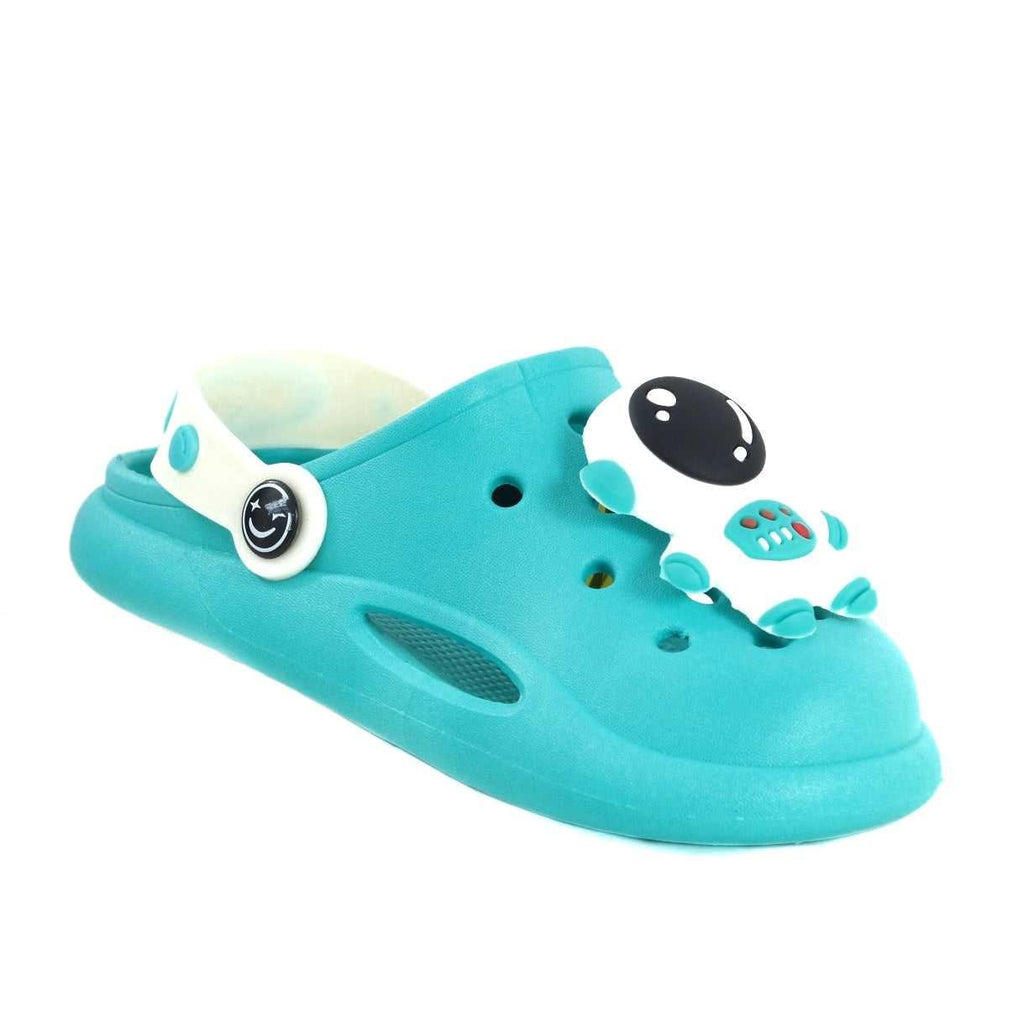 Angled view of kids' aqua clogs showing astronaut character and comfy heel strap