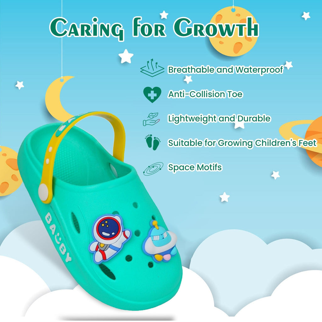 Promotional image of green clogs with space motifs, highlighting comfort features