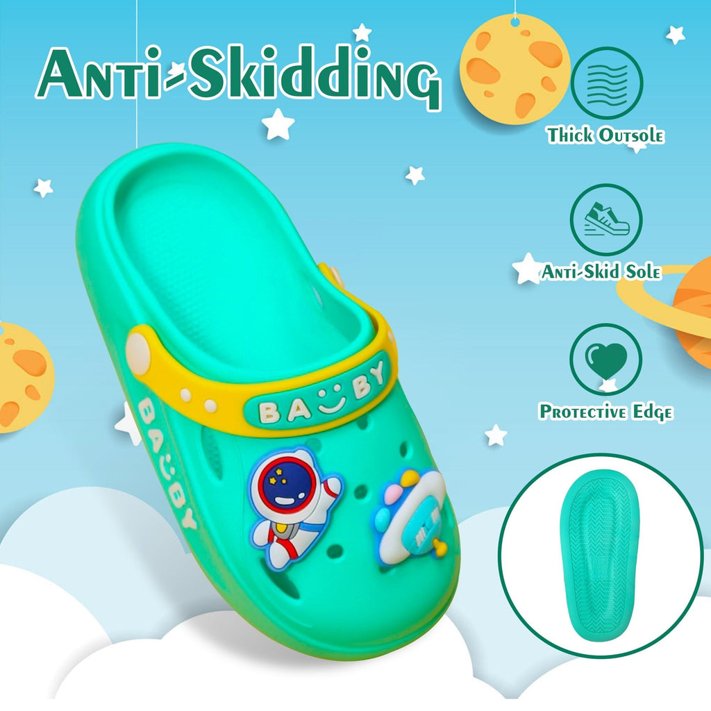 Green toddler clogs with anti-skid sole and space design details