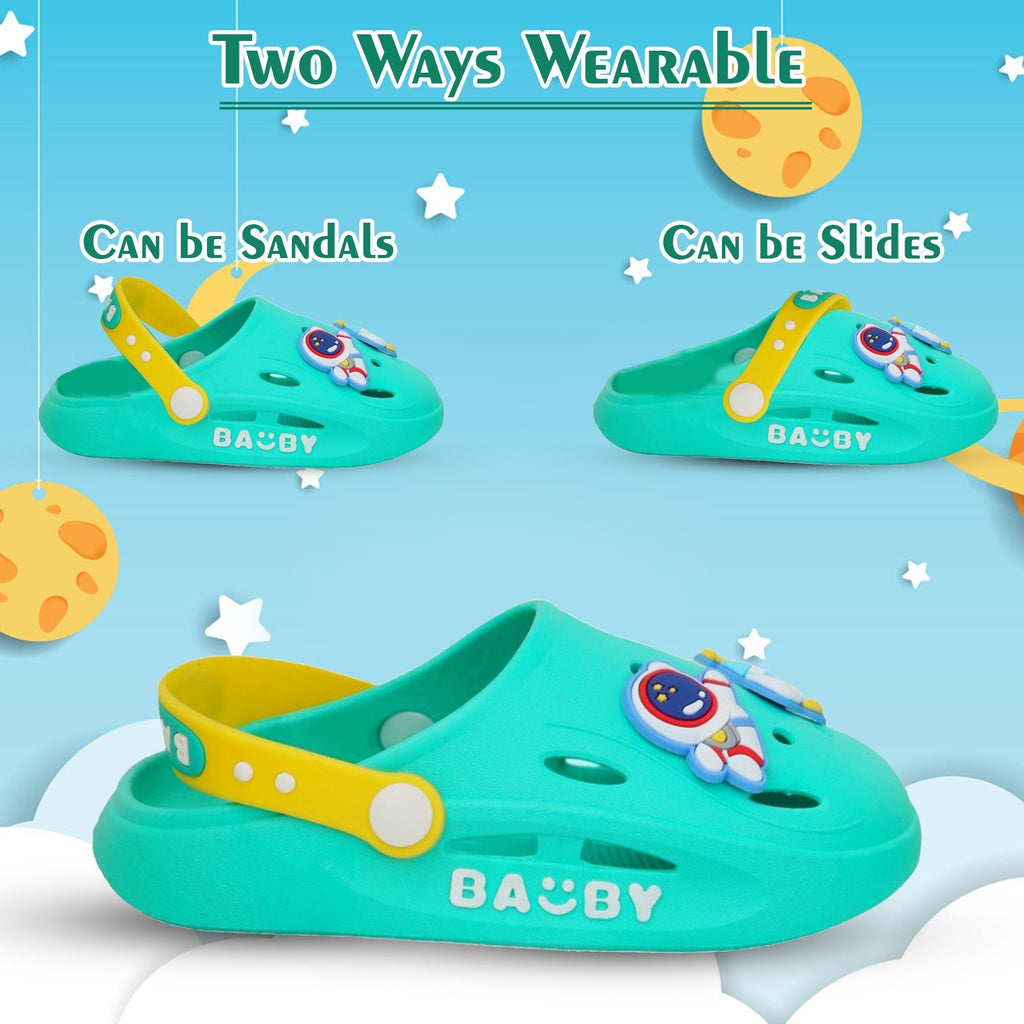 Versatile green space motif clogs for toddlers showing both sandal and slide modes