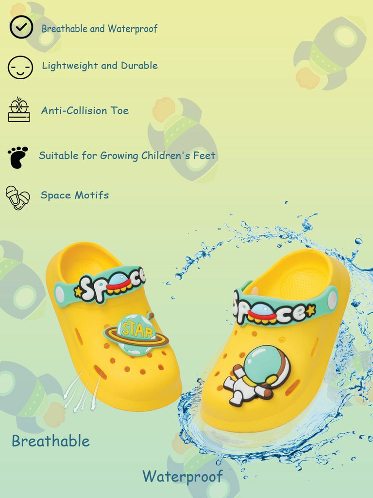Top and bottom view of yellow space motif clogs showing the treaded sole for safety