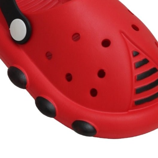 Close-Up of Kids' Red Ladybug Clog Detailing the Cute Face and Antennae