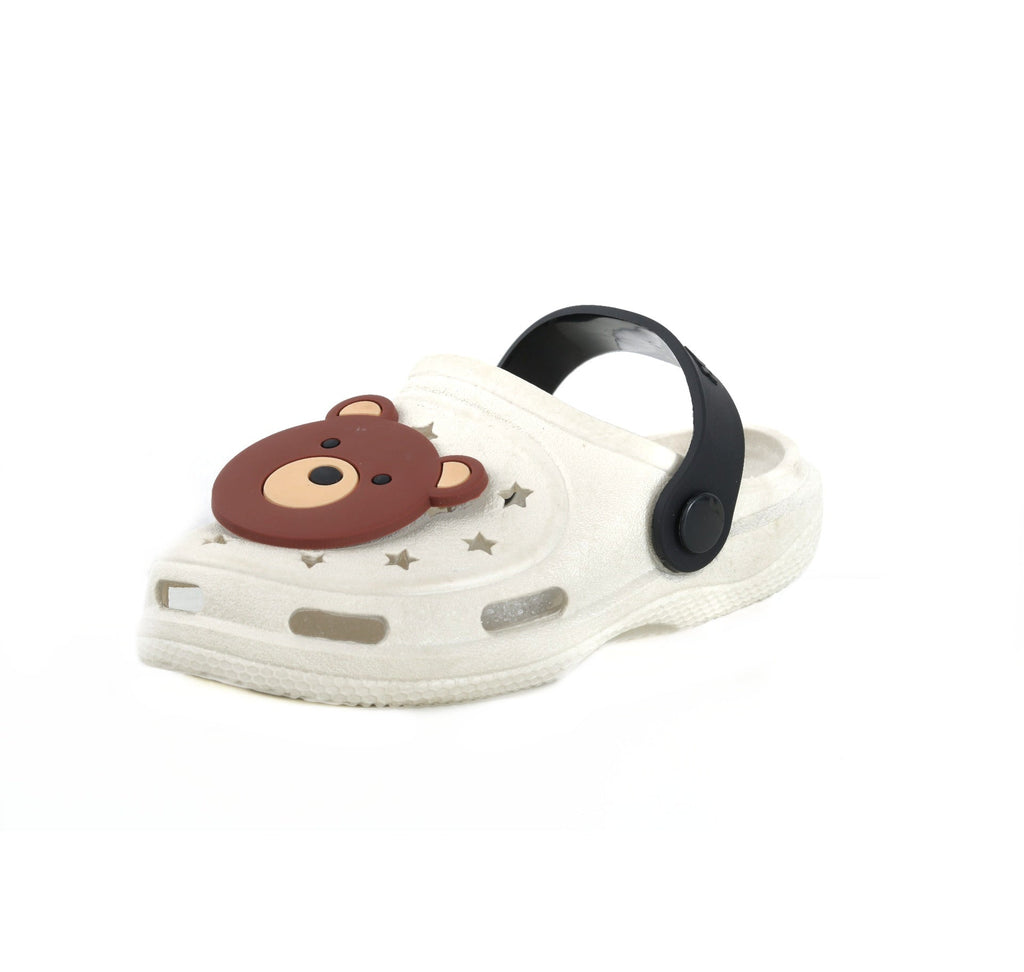 Side view of a child's beige clog featuring a bear face and secure heel strap.