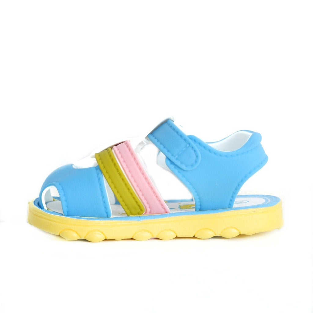 Side angle of a blue comfort toddler sandal with multicolor straps and a yellow sole.