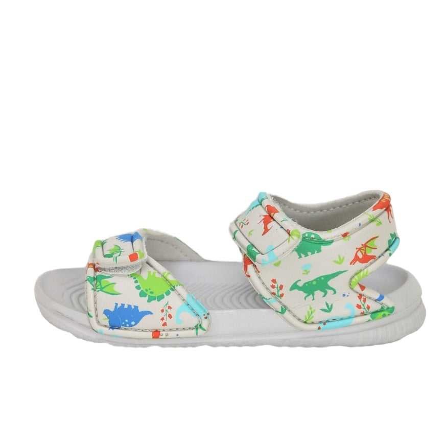 Side view of grey sandals with colorful dinosaurs, suitable for playful children who adore ancient creatures.