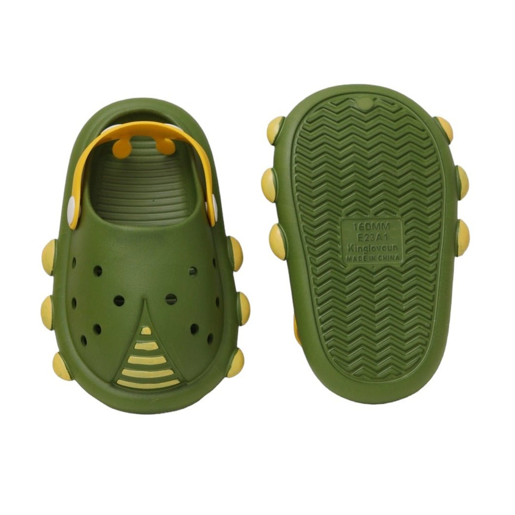 Bottom Sole View of Durable Green Ladybug Clogs for Outdoor Play
