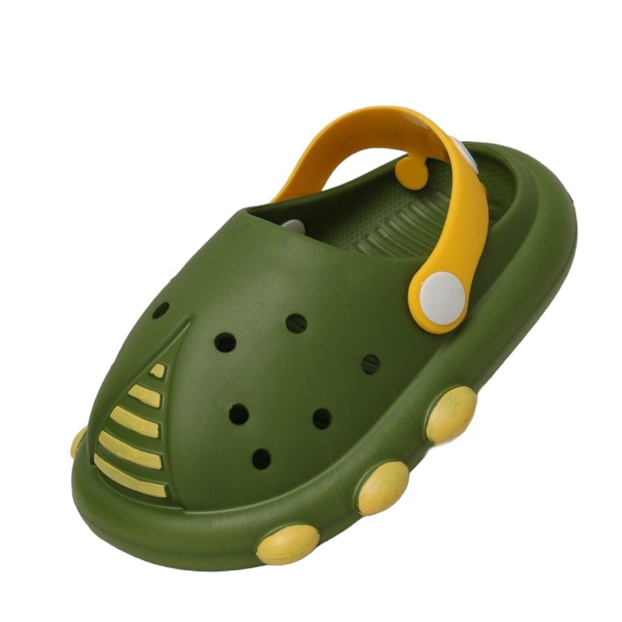 Side Profile of Kid's Green Ladybug Clogs with Yellow Accents
