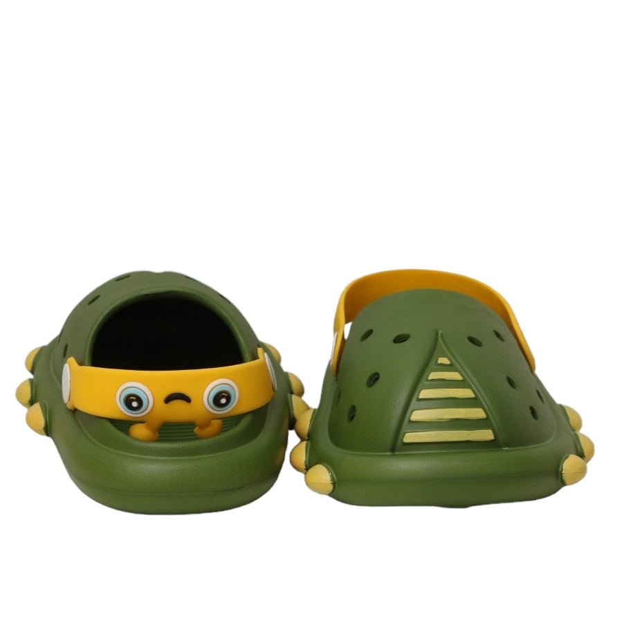 Back and Front View of Kids' Green Ladybug Clogs with Antennae Detail