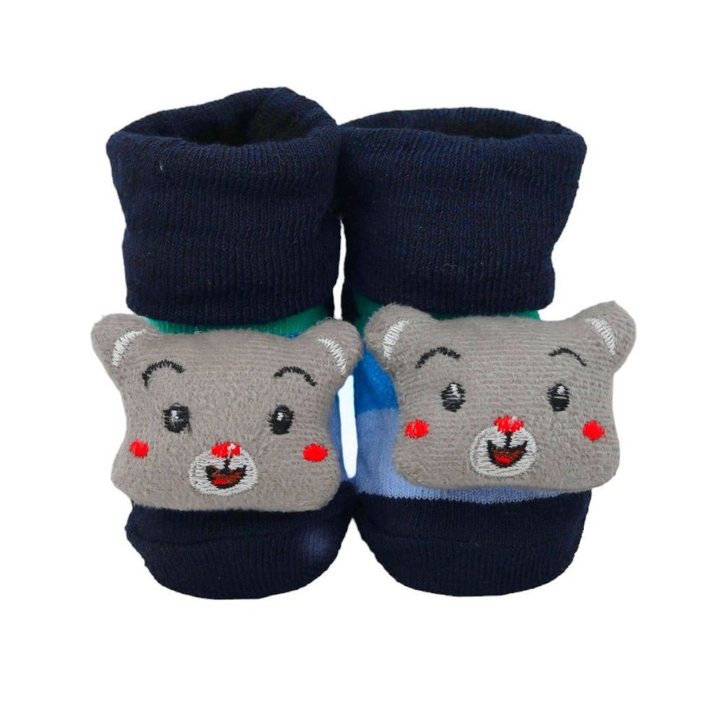 Front view of grey puppy socks for baby boys, showcasing the cheerful design.