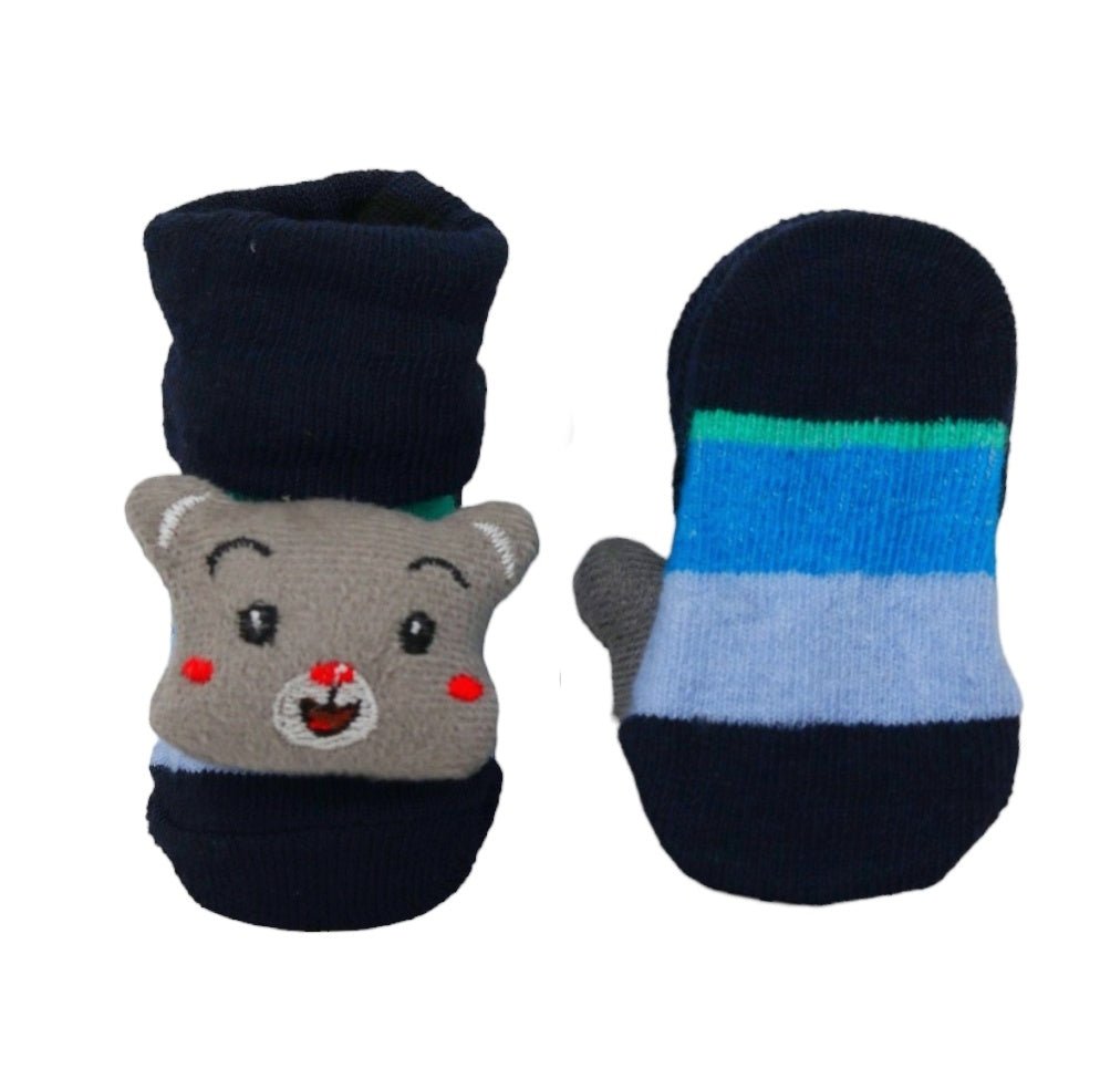 Baby boy's car socks with anti-slip soles, side view for safe and fun steps.