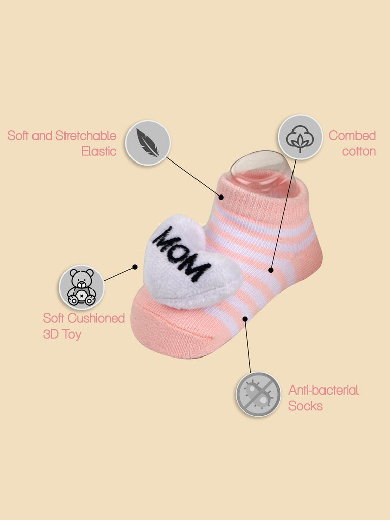 Yellow Bee pink baby socks highlighting the soft and stretchable elastic, combed cotton, and 3D toy design for "I love MOM".