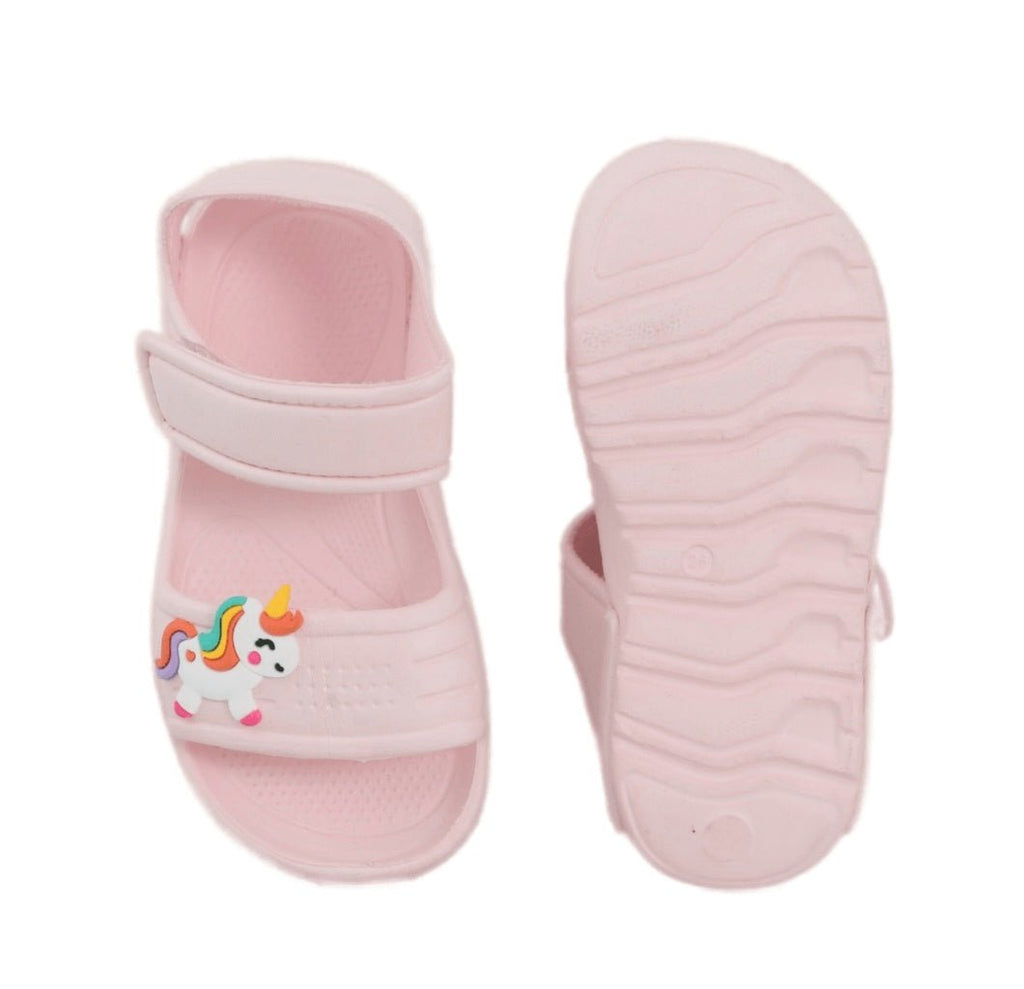 Pair of Magical Steps Peach Unicorn Sandals Viewed from Top and Bottom