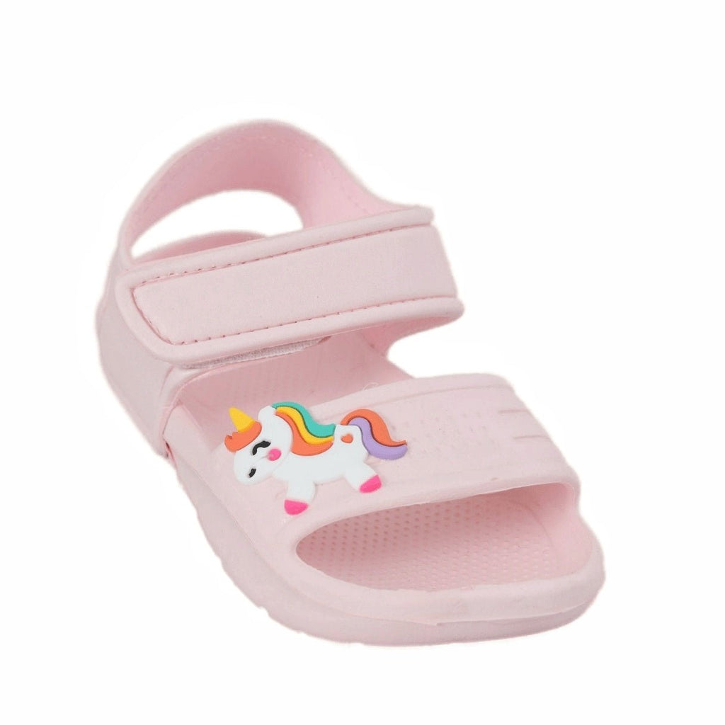 Single Kid's Magical Steps Peach Unicorn Sandal at a Side Angle View
