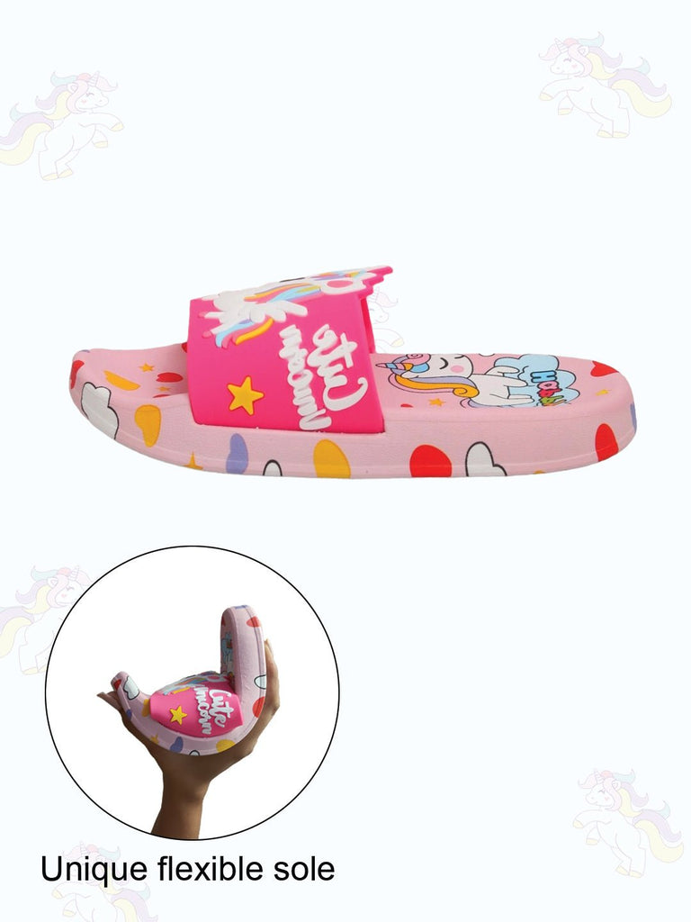 Dynamic view of pink unicorn slides with a flexible sole for active wear