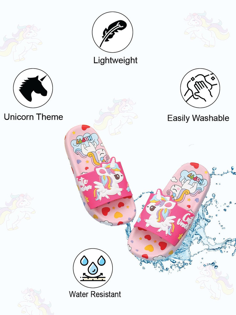 Infographics Pink unicorn slides highlighting lightweight, washability, and water resistance features