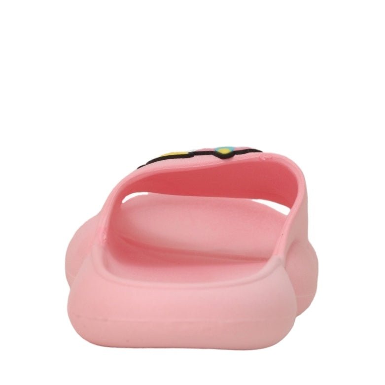 Back view of the soft pink slide, focusing on the comfortable depth and safety of the design.