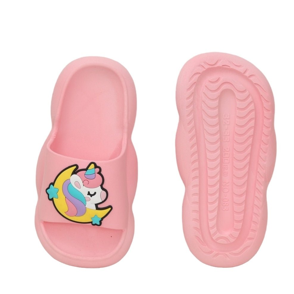 Top and sole view of the pink unicorn slides, emphasizing the secure grip and charming details