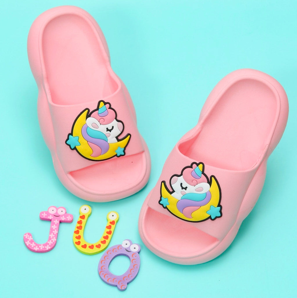 Pair of magical unicorn and moon slides in soft pink, displayed on a turquoise background with playful letters, ideal for imaginative kids.