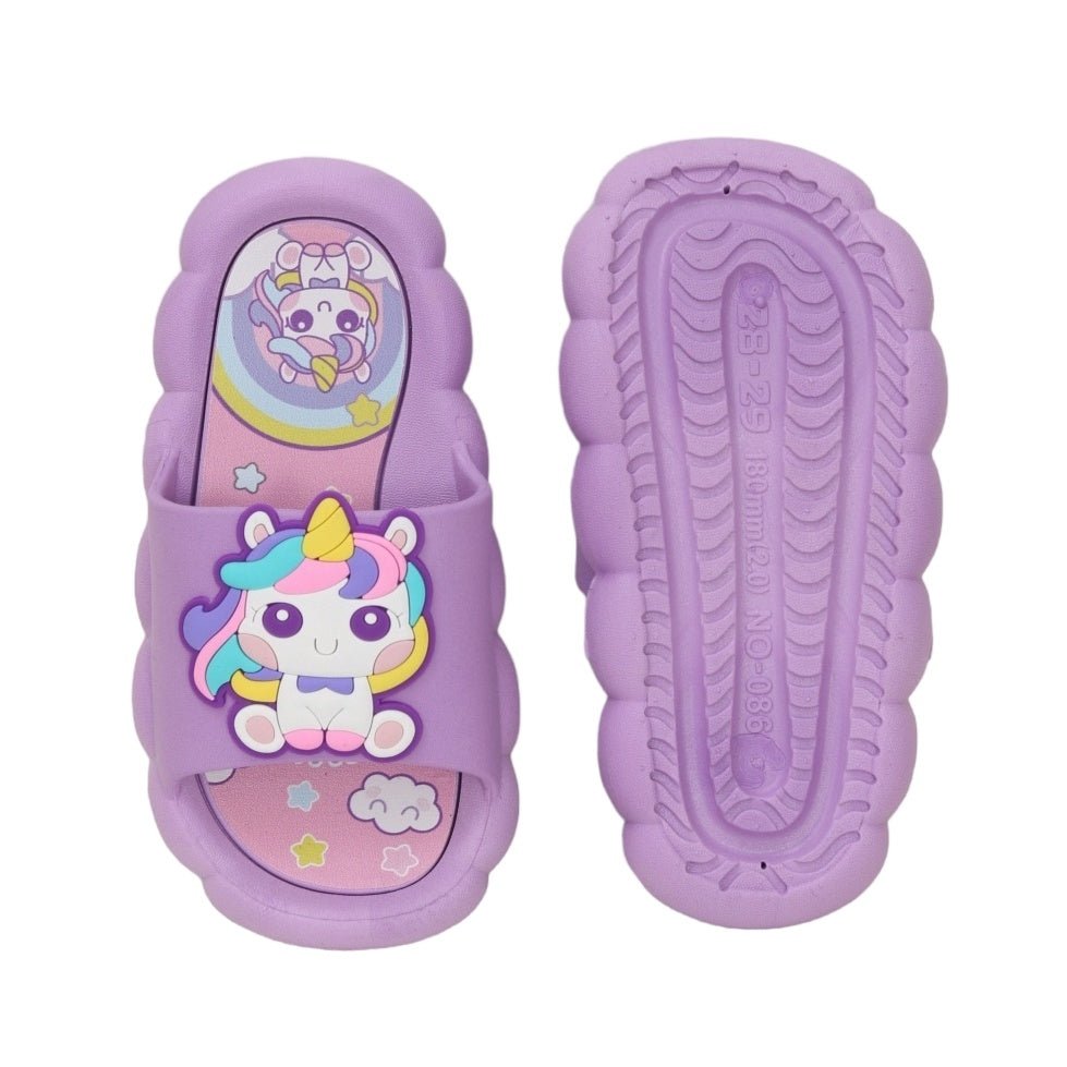 Top and Sole View of Enchanted Purple Slides with Unicorn and Rainbow Design