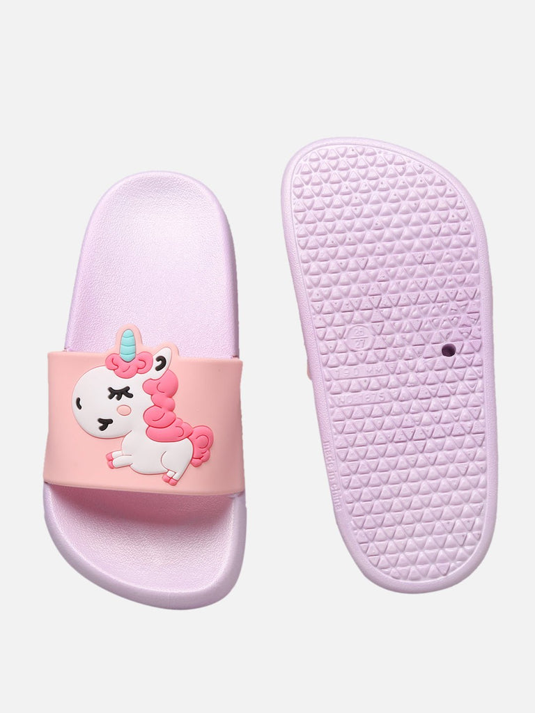 Top and Bottom View of Lilac Unicorn Slides for Kids with Anti-Slip Sole